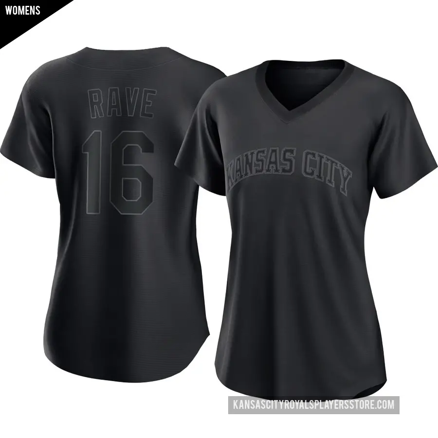 Women's Kansas City Royals ＃16 John Rave Authentic Black Pitch Fashion Jersey