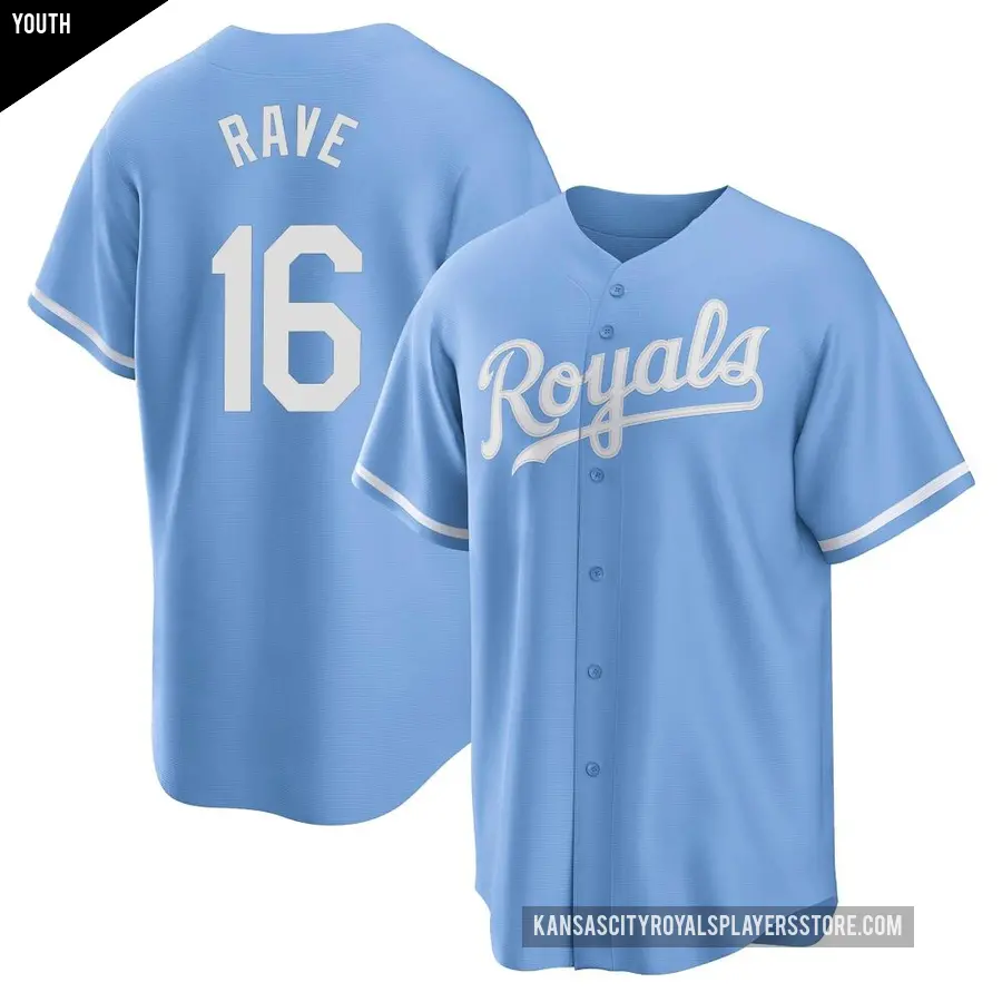 Youth Kansas City Royals ＃16 John Rave Replica Light Blue 2022 Alternate Jersey